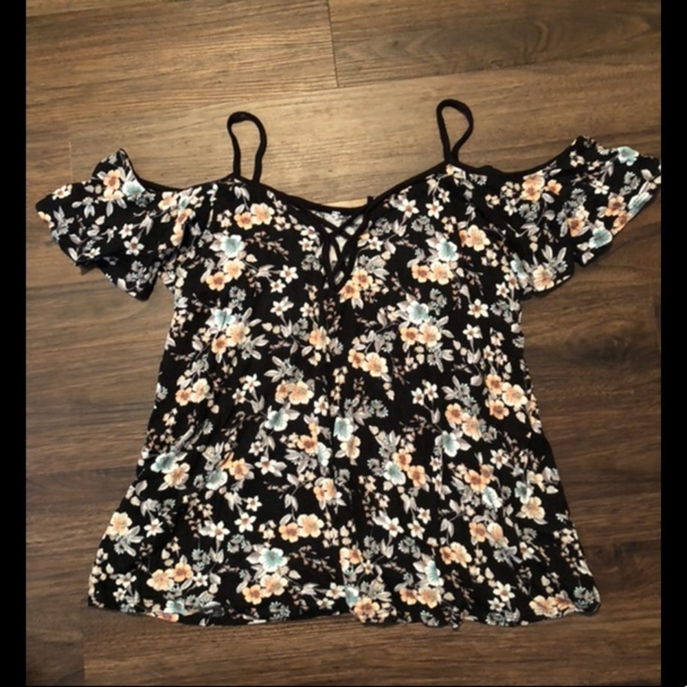 Black Floral off-the-shoulder blouse.